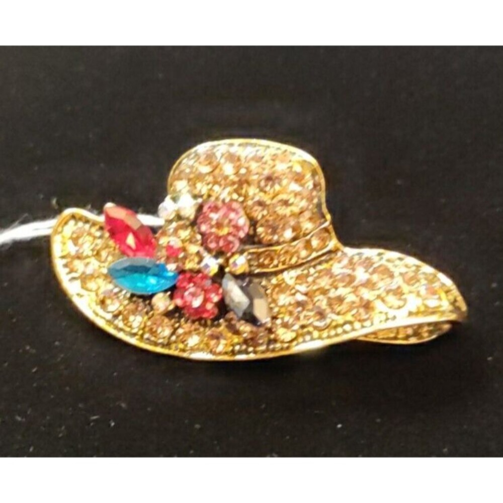 Flowered  Multicolor Rhinestone Summer Hat  Brooch 1.75" W X 1" Long